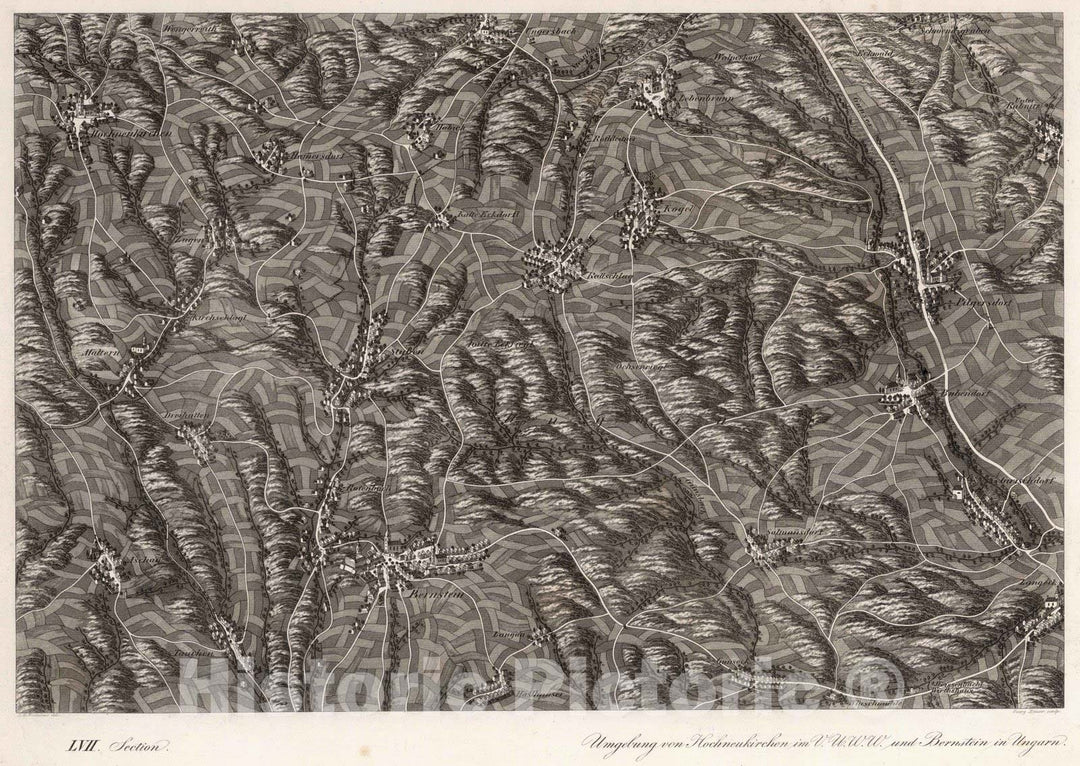 Historic Map : Austria, 1837 LVII Section. Umgebung von Hochneukirchen im V.U.W.W. und Bernstein in Ungarn. J. Hollnsteiner del. Georg Bauer sculp., Vintage Wall Art
