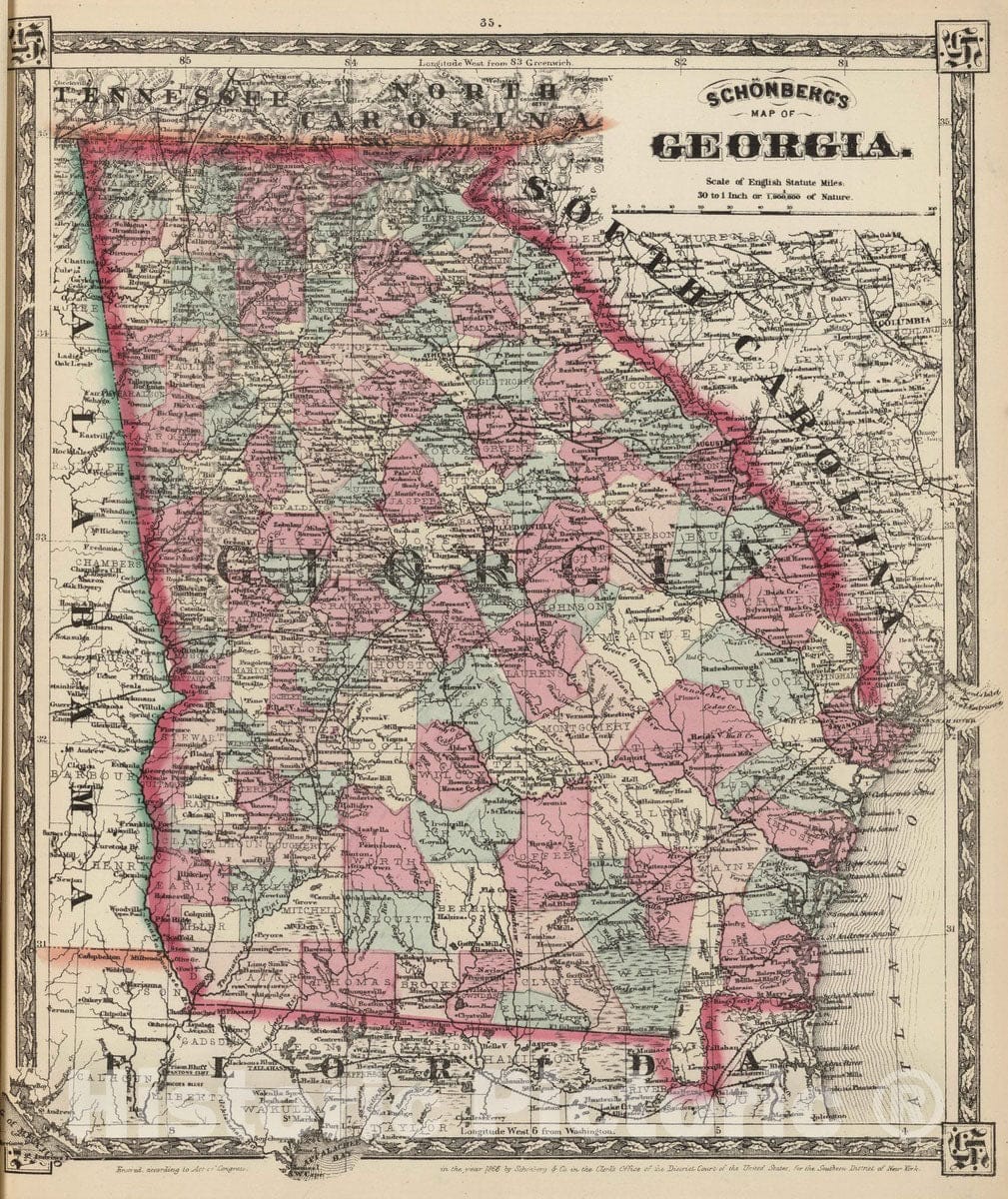 Historic Map : National Atlas - 1867 Schonberg's Map of Georgia. - Vintage Wall Art