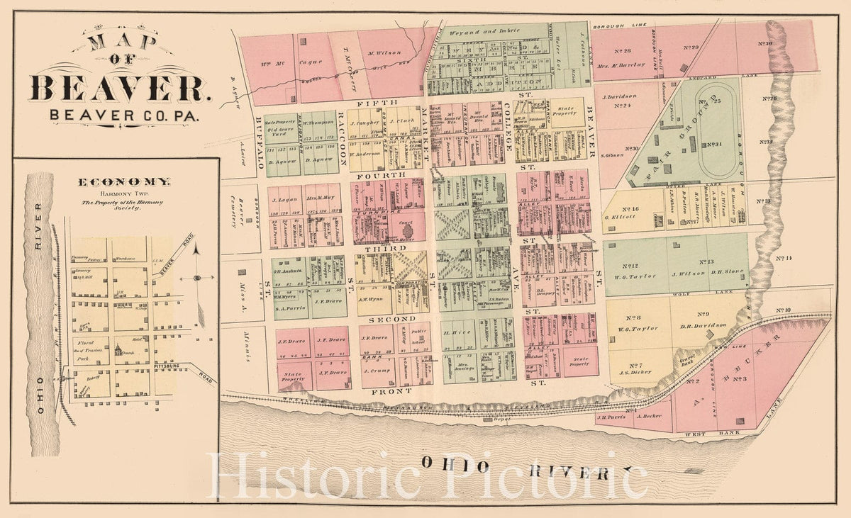 Beaver, Beaver County, Pennsylvania - Property Map, 1876 - Historical Map Print