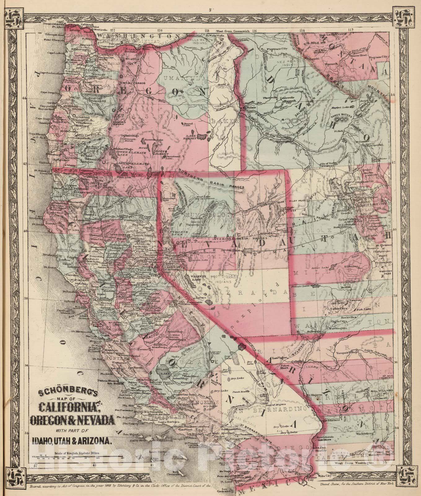 Historic Map : National Atlas - 1867 California, Oregon & Nevada with Part of Idaho, Utah & Arizona. - Vintage Wall Art