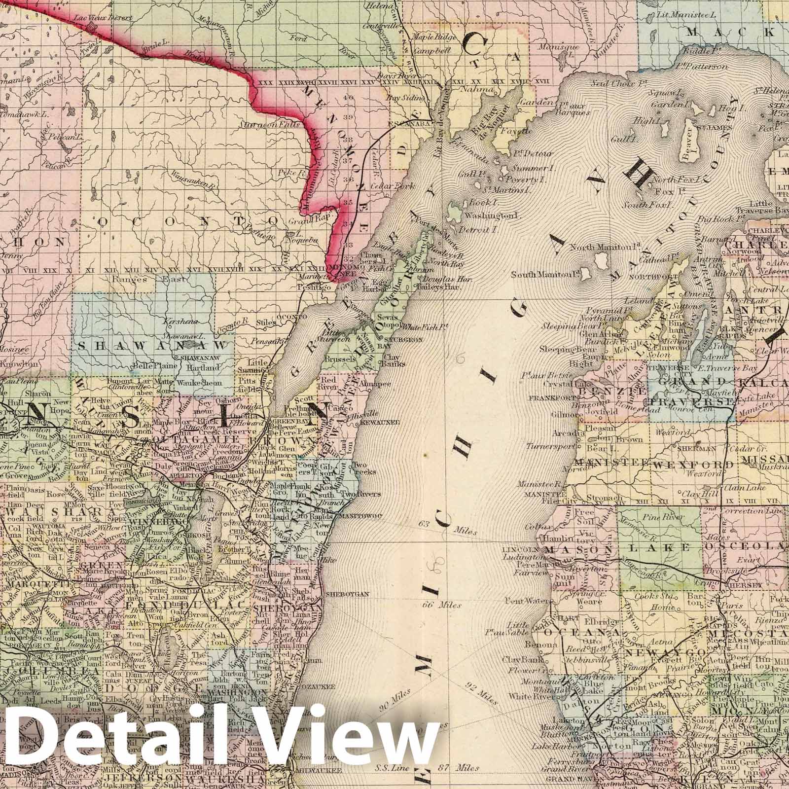 Michigan and Wisconsin 1874 County and Township Map - Historical Print