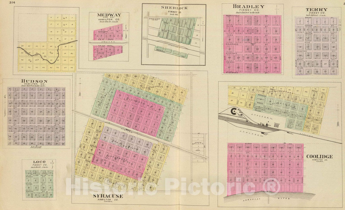 Historic Wall Map : 1887 Syracuse, Coolidge, Hudson, Loco, Medway, Sherlock, Bradley, Terry. - Vintage Wall Art
