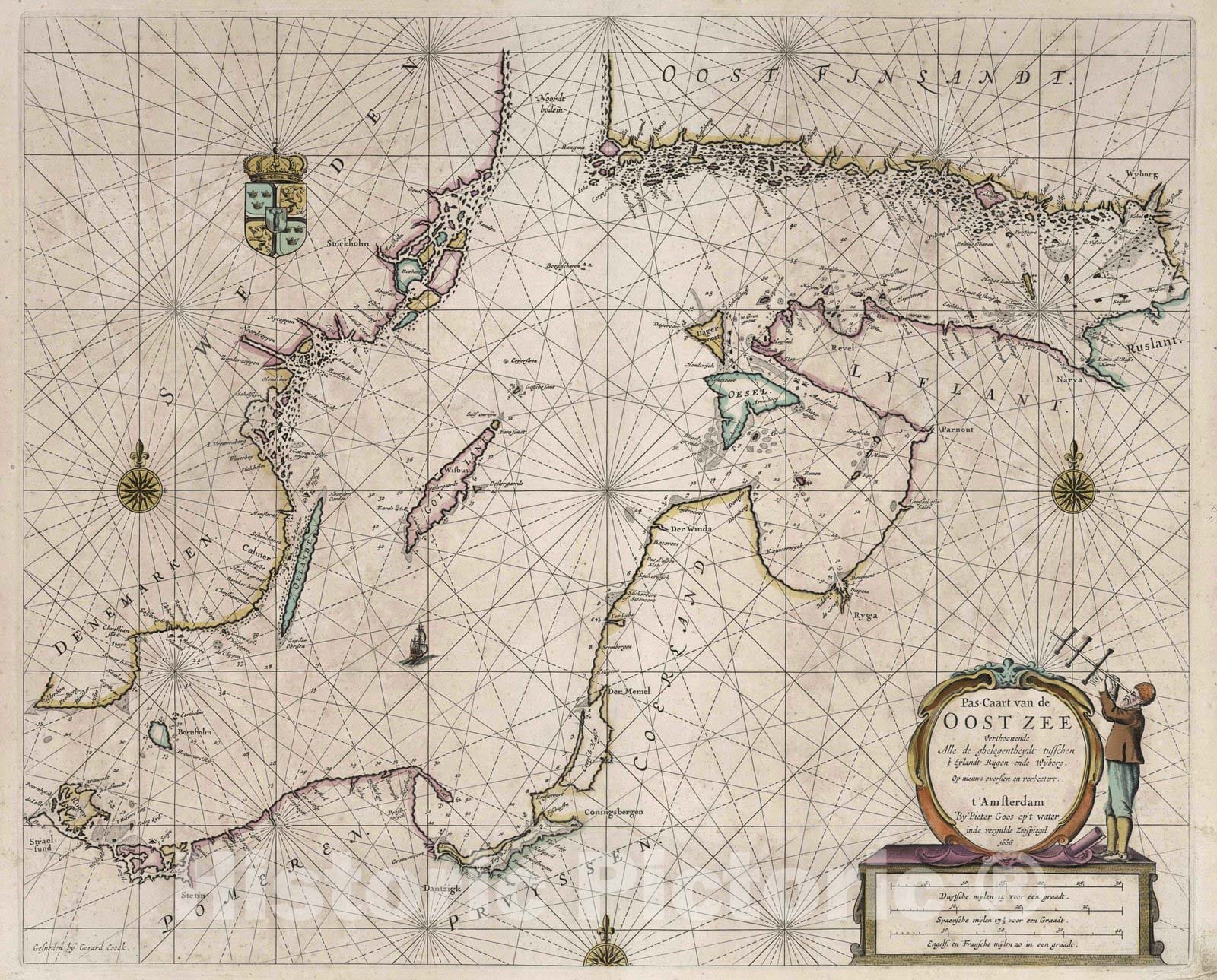 Historic Map : Baltic Sea 1666 Pas-Caart van de Oost zee. , Vintage Wall Art