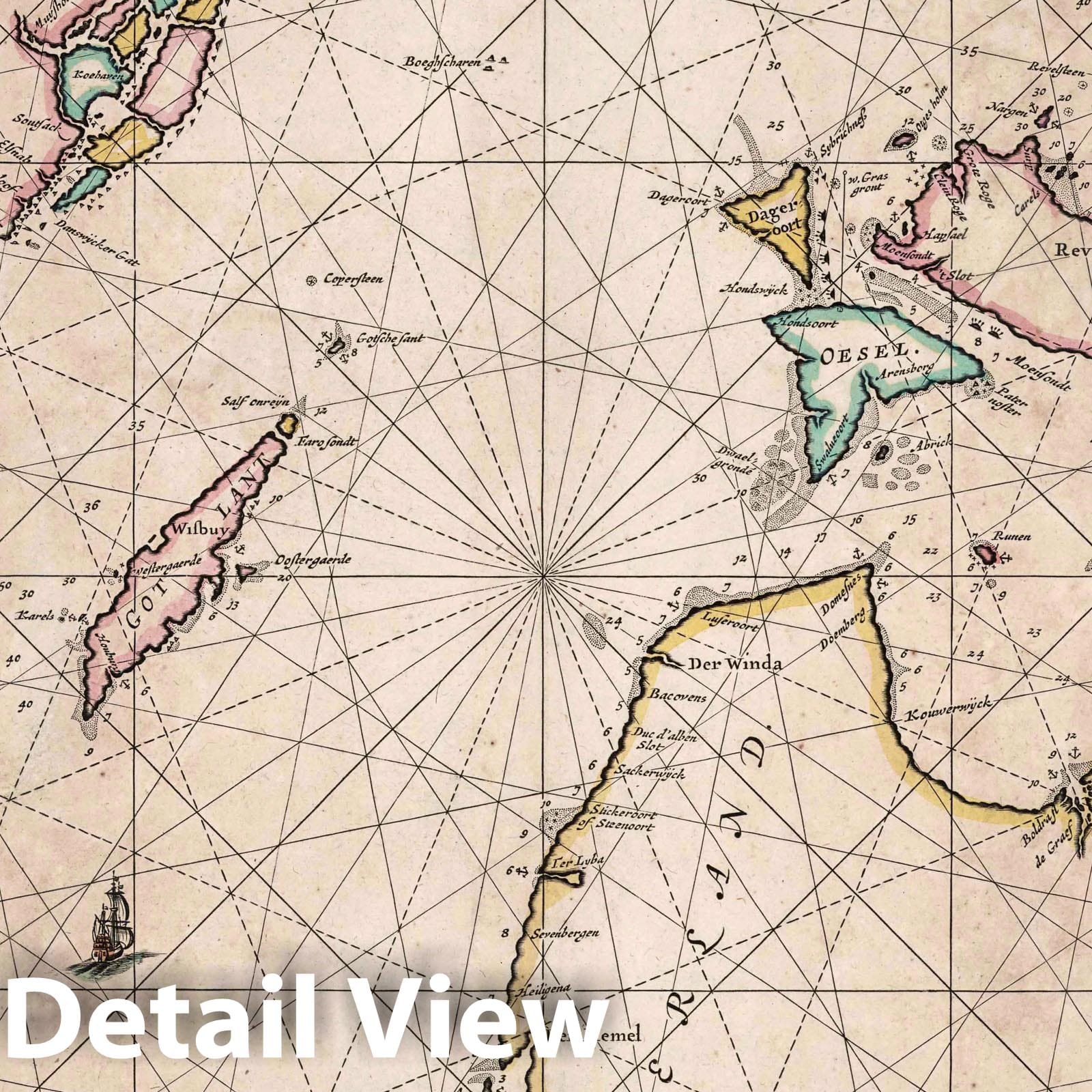 Baltic Sea Nautical Chart, 1666 - Hand-Colored Historical Map Print