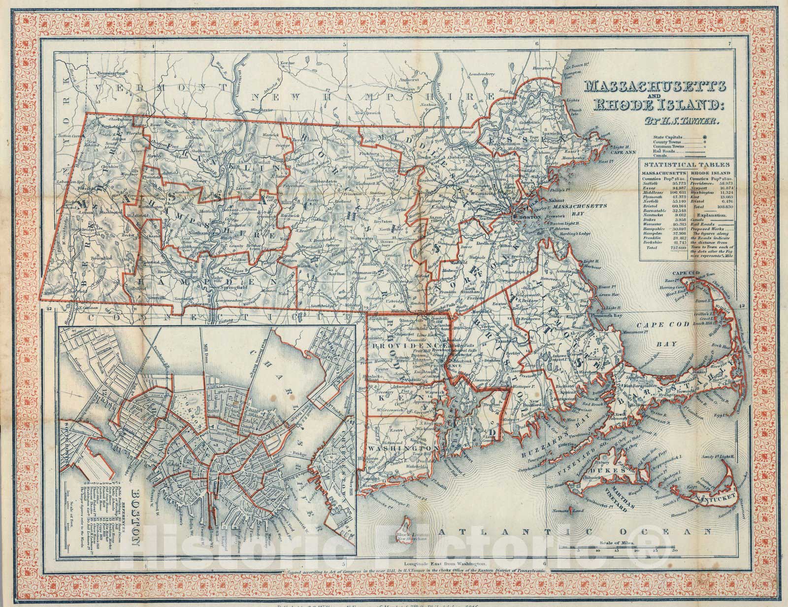 Historic Map : 1846 Massachusetts And Rhode Island - Vintage Wall Art