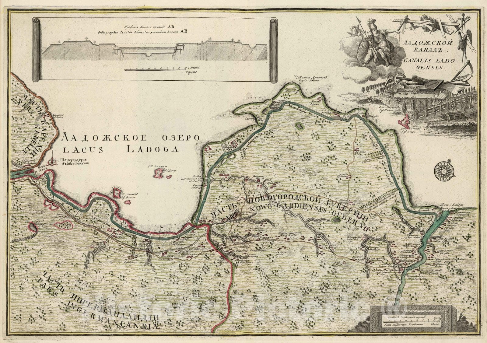 Historic Map : Russia, Lagoda Canal 1735 Ladozhskoi Kanal - Canalis Ladogensis , Vintage Wall Art