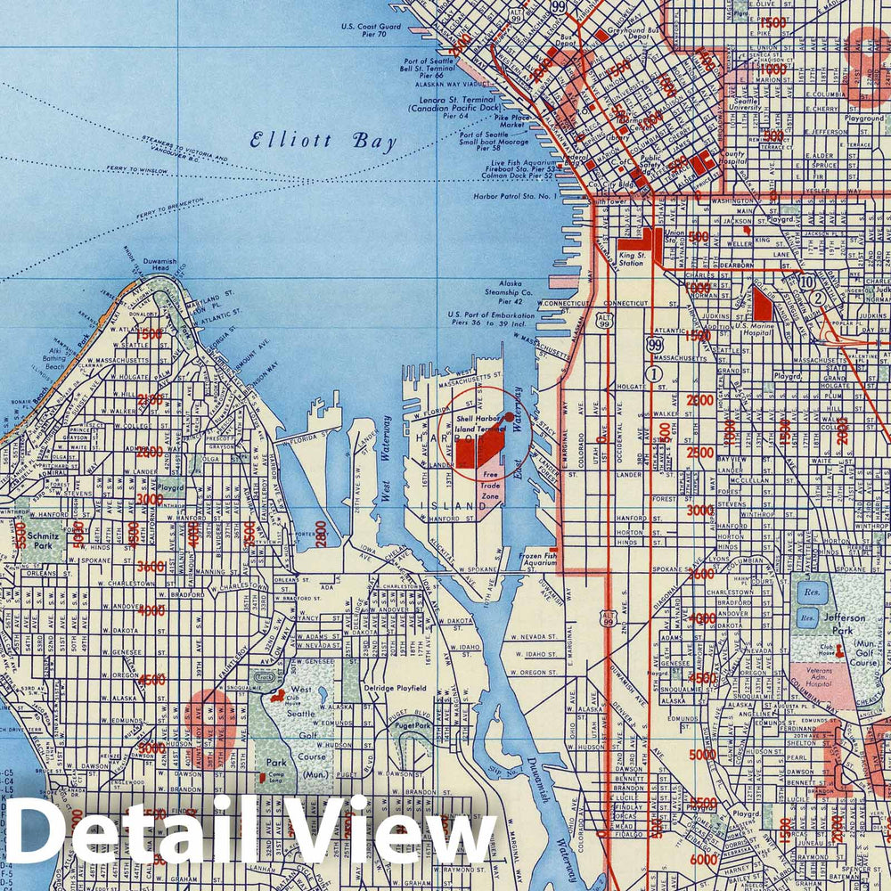 Historic Map : National Atlas - 1956 Shell Street Map of Seattle. - Vintage Wall Art
