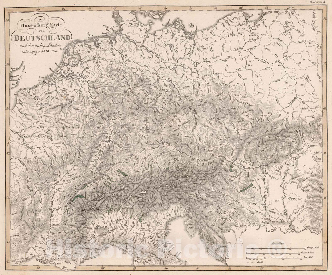 Historic Map : Germany, 1820 Fluss- und Berg-Karte von Deutschland und den anliegenden Landern , Vintage Wall Art
