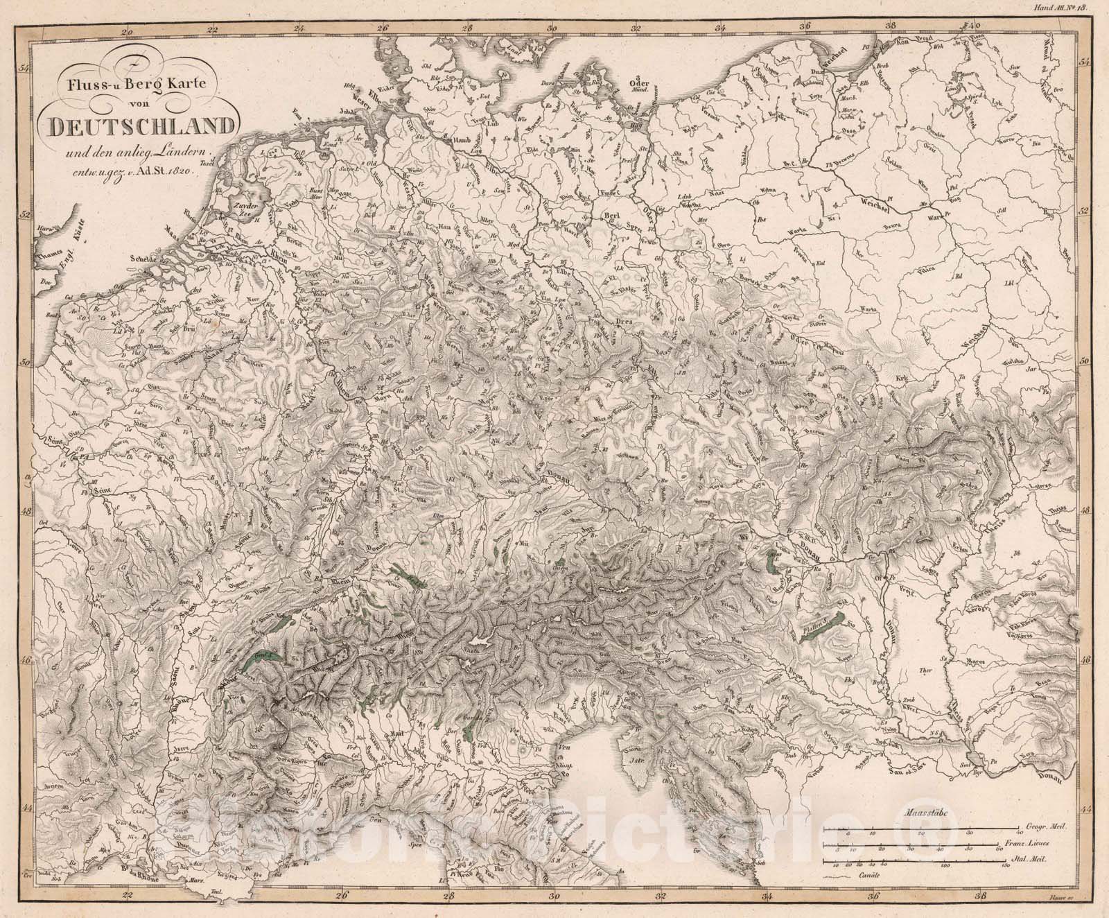 Historic Map : Germany, 1820 Fluss- und Berg-Karte von Deutschland und den anliegenden Landern , Vintage Wall Art