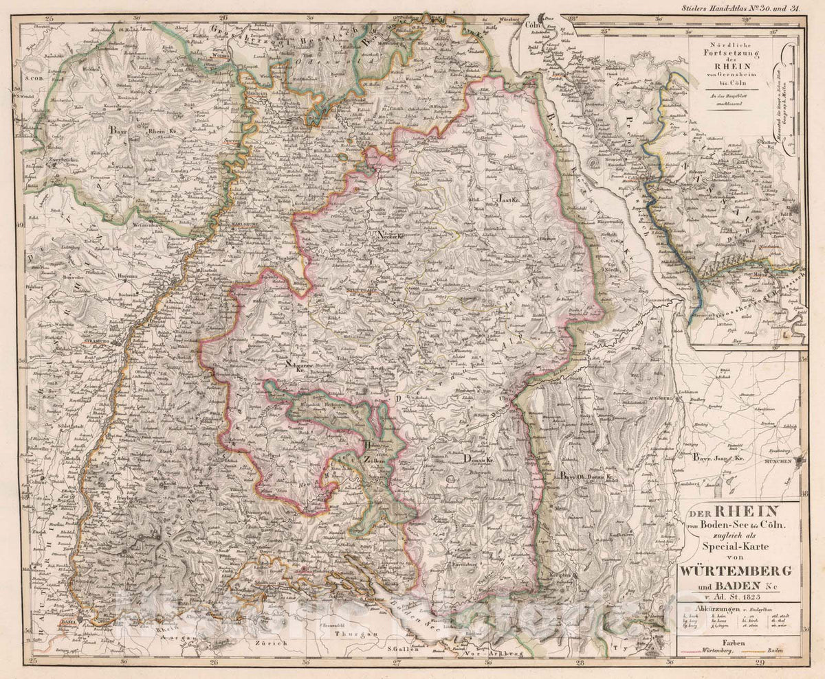 Der Rhein vom Bodensee bis Koln 1823 - Rhine River Historical Map Print