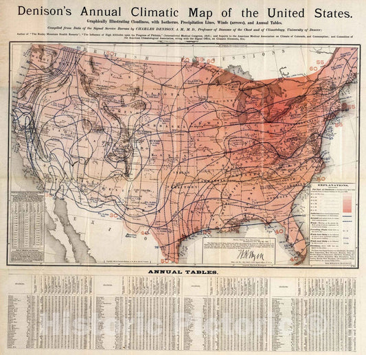 Historic Map : 1884 Denison's annual climatic map of the United States - Vintage Wall Art