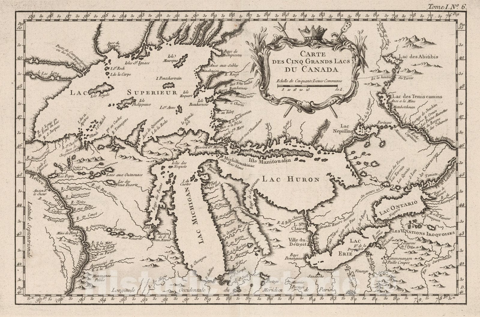 Historic Map : Canada, 1764 Carte des Cinq Grande Lacs du Canada , Vintage Wall Art