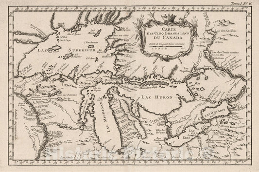 Historic Map : Canada, 1764 Carte des Cinq Grande Lacs du Canada , Vintage Wall Art