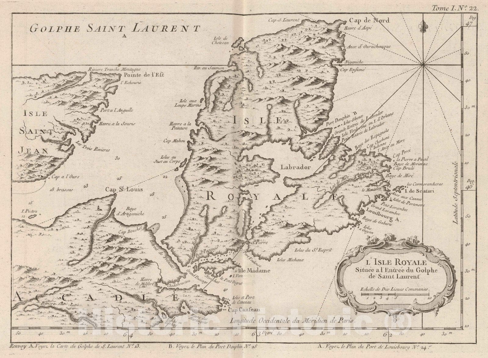 Historic Map : Isle Royale 1764 L'Isle Royale, Situe?e a l'Entre?e du Golphe de Saint Laurent , Vintage Wall Art