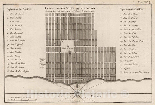 Historic Map : Jamaica , Kingston (Jamaica), 1764 Plan de la ville de Kingstown suivant le projet donne par le colonel Christian Lilly , Vintage Wall Art