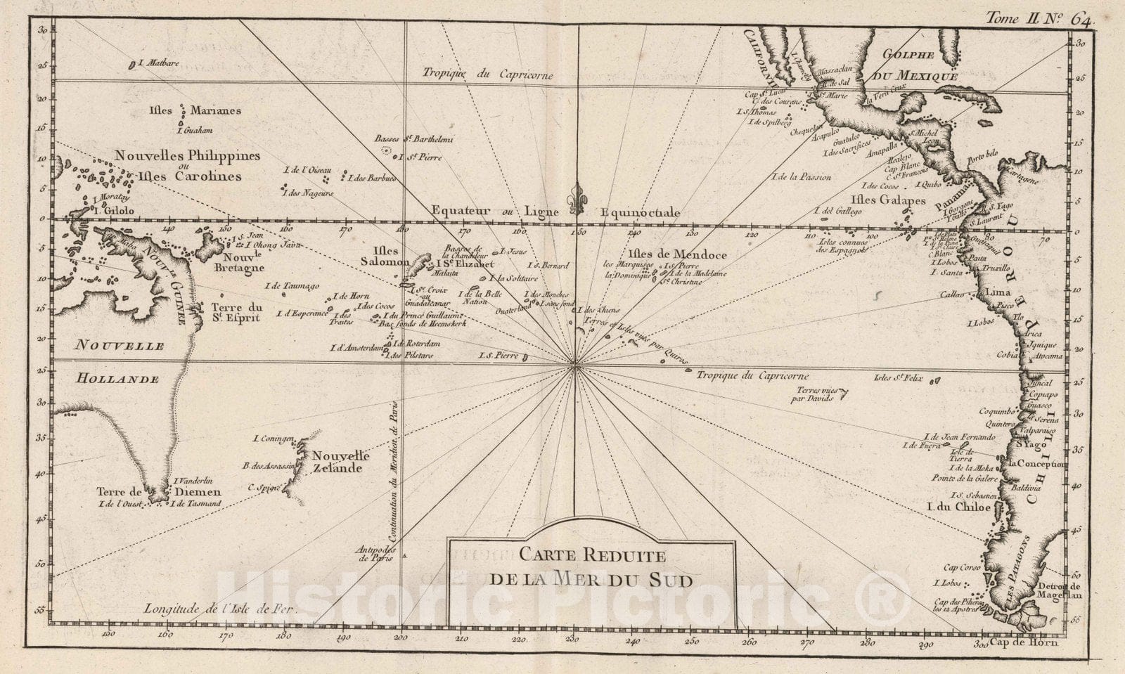 Historic Map : Chart Atlas - 1764 Carte reduite de la mer du Sud. - Vintage Wall Art