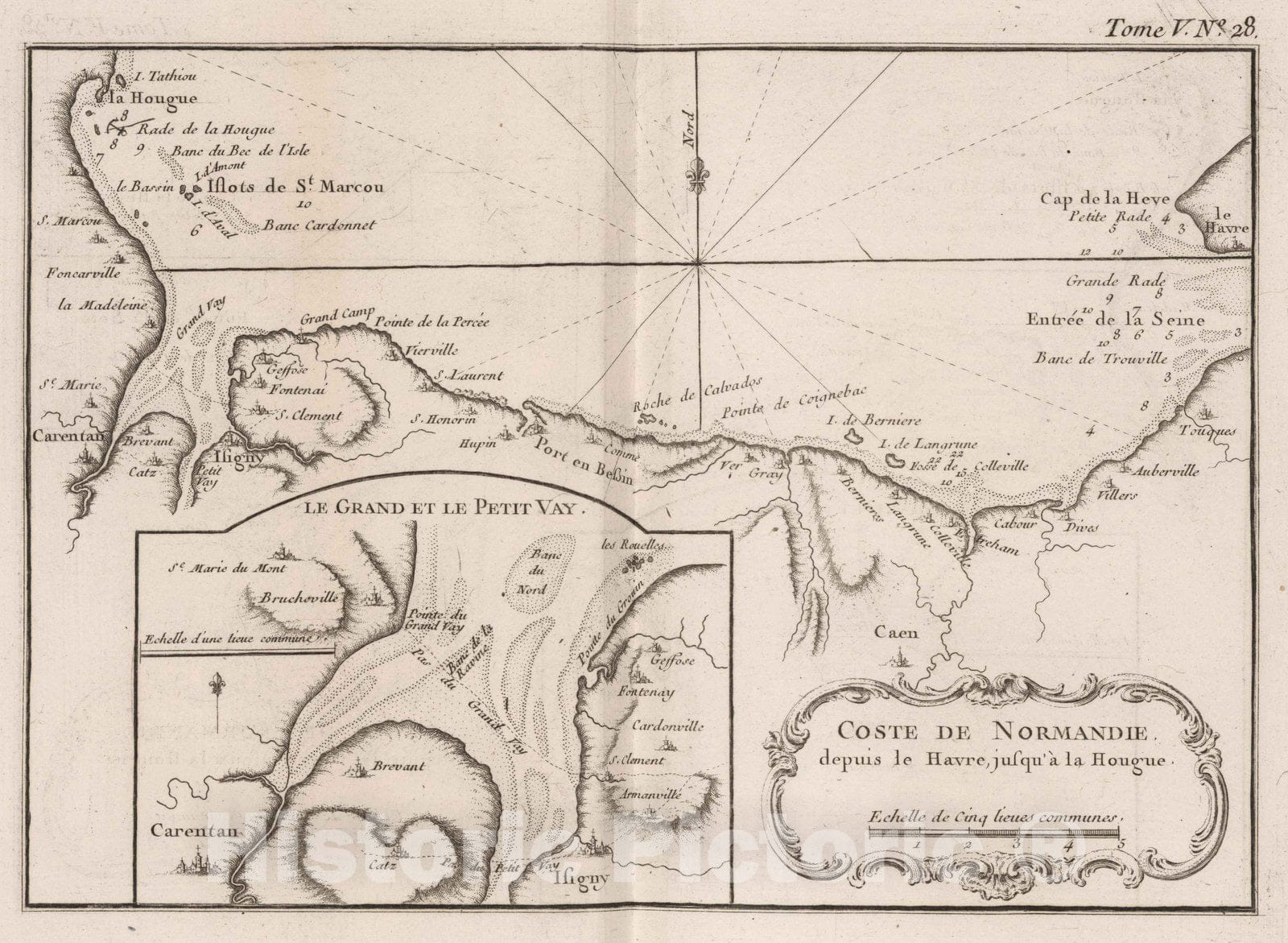 Historic Map : France, Normandie , France 1764 Coste de Normandie depuis le Havre, jusqu'a la Hougue. , Vintage Wall Art