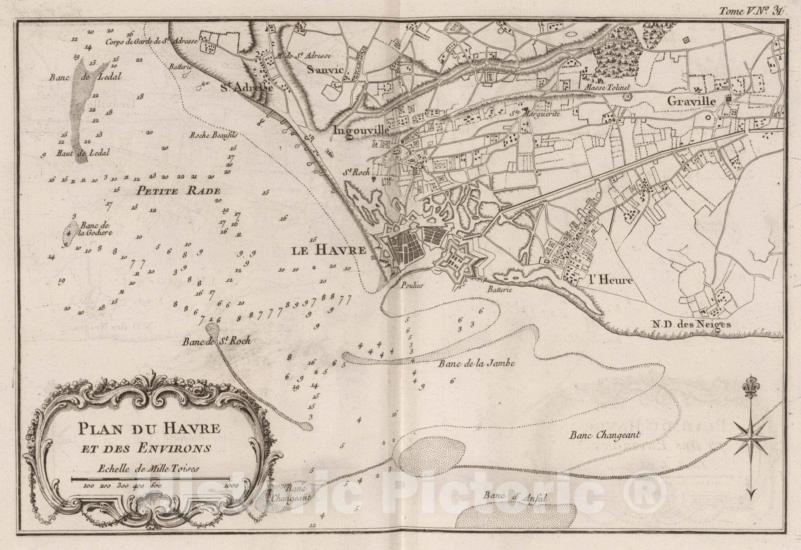 Historic Map : France , Havre France, 1764 Plan du Havre et des environs. , Vintage Wall Art