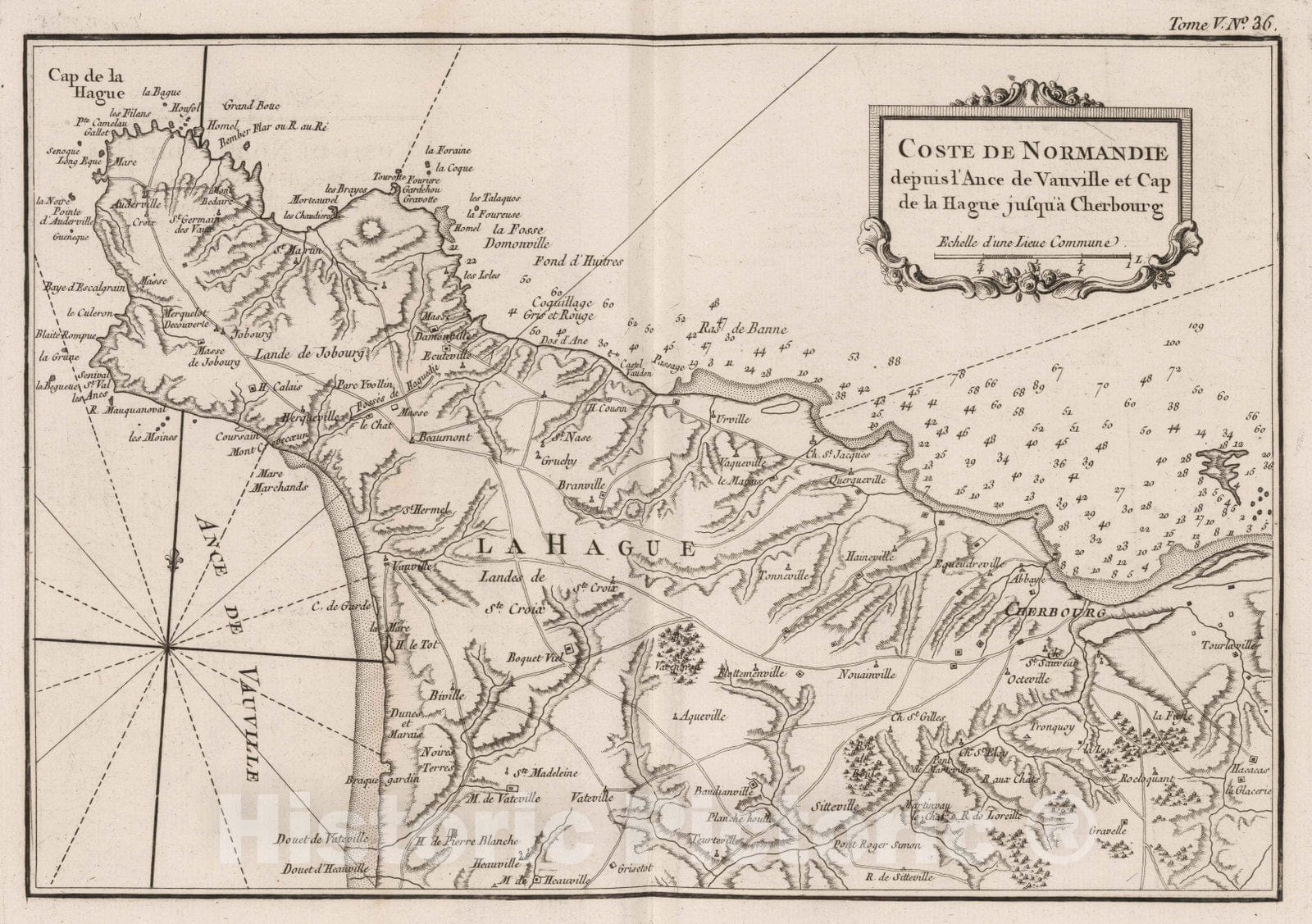 Historic Map : France, Normandie , France 1764 Coste de Normandie depuis I'Ance de Vauville et cap de la Hague jusqu'a Cherbourg. , Vintage Wall Art