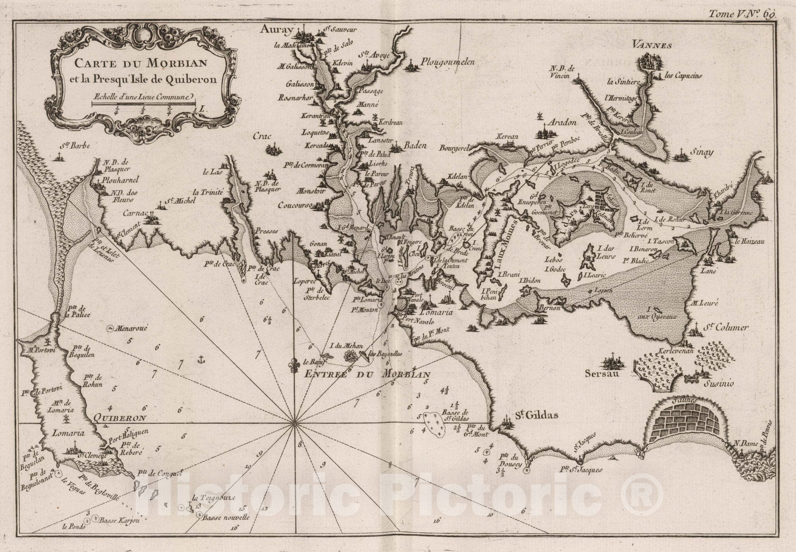 Historic Map : France, Bretagne , France 1764 Carte du Morbian et la presqu'isle de Quiberon. , Vintage Wall Art