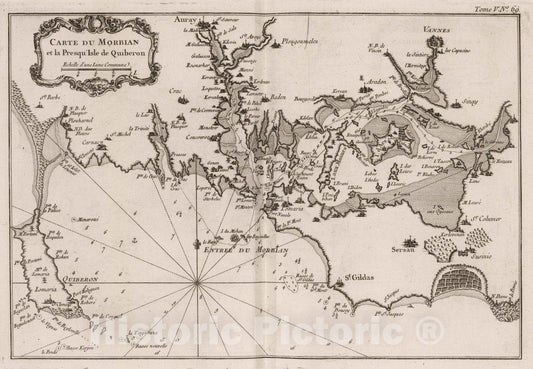 Historic Map : France, Bretagne , France 1764 Carte du Morbian et la presqu'isle de Quiberon. , Vintage Wall Art