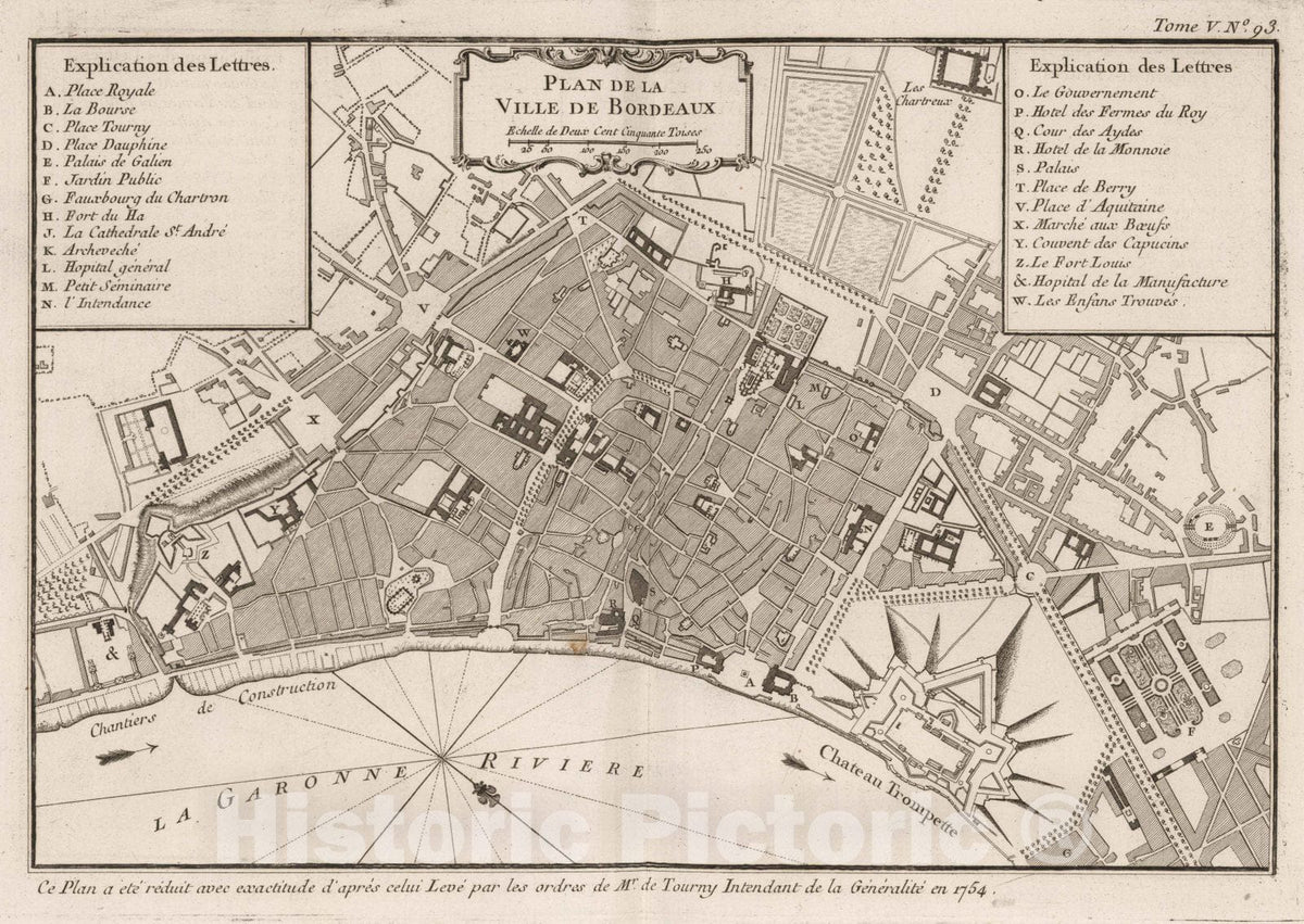 Historic Map : France , Bordeaux France, Guyenne 1764 Plan de la ville de Bordeaux. , Vintage Wall Art
