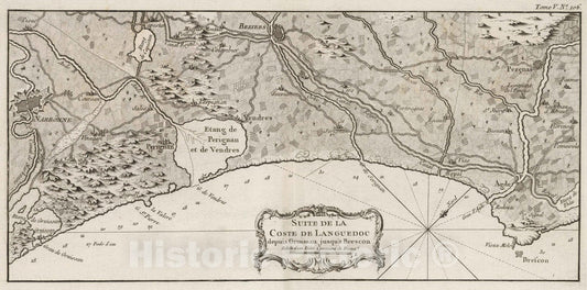 Historic Map : France, Languedoc , France 1764 Suite de la coste de Languedoc depuis Gruissan jusqu'a Brescon. , Vintage Wall Art