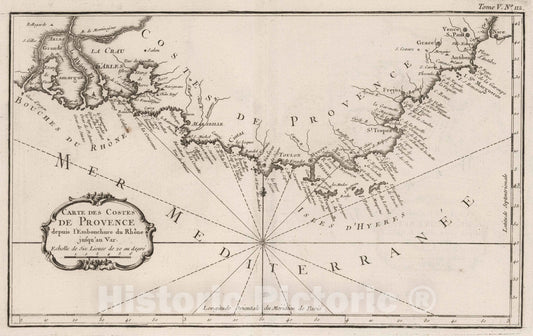 Historic Map : France, Provence , France 1764 Carte des costes de Provence depuis I'embouchure du Rh6ne jusqu'au Var. , Vintage Wall Art