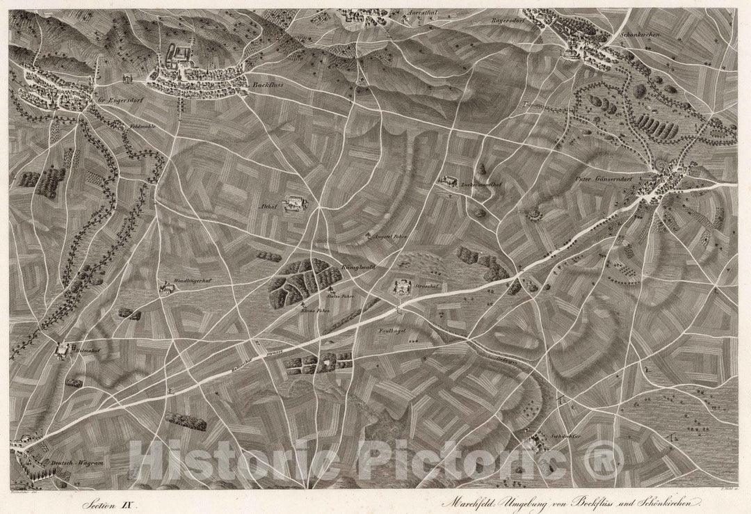 Historic Map : Austria, 1837 IX Section. Marchfeld: Umgebung von Bockfluss und Schonkirchen. Hollnsteiner del. F. Mehl sc. , Vintage Wall Art