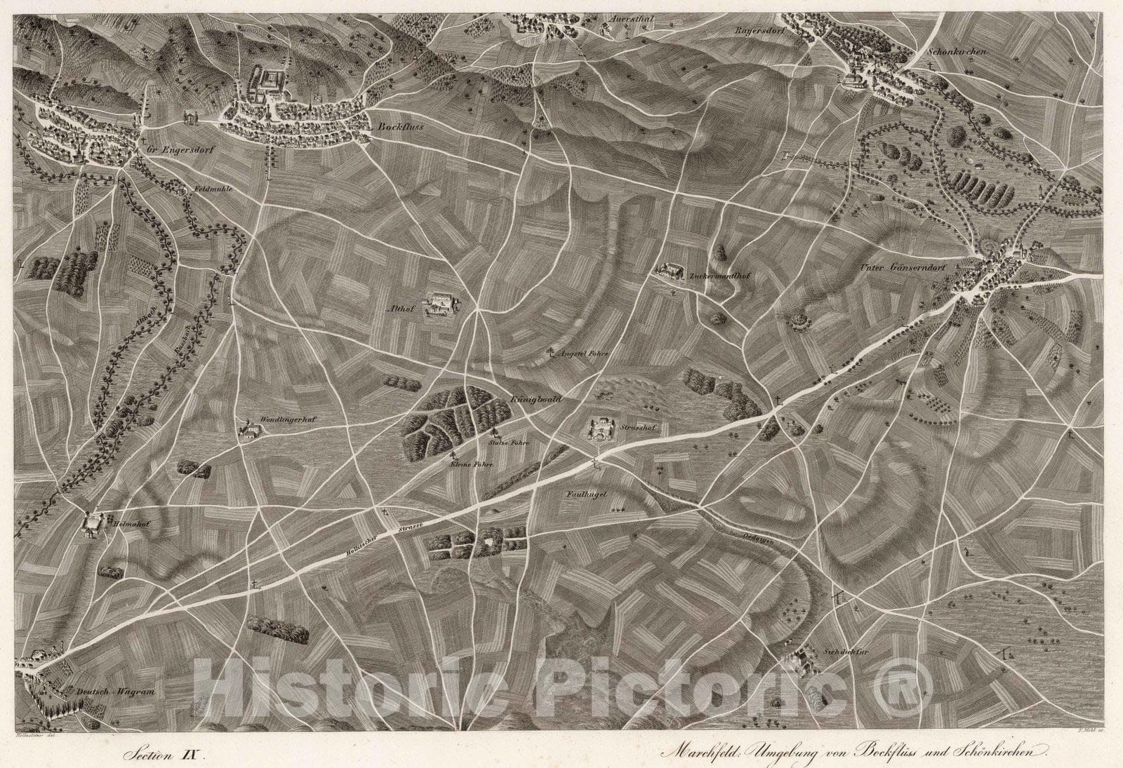 Historic Map : Austria, 1837 IX Section. Marchfeld: Umgebung von Bockfluss und Schonkirchen. Hollnsteiner del. F. Mehl sc. , Vintage Wall Art