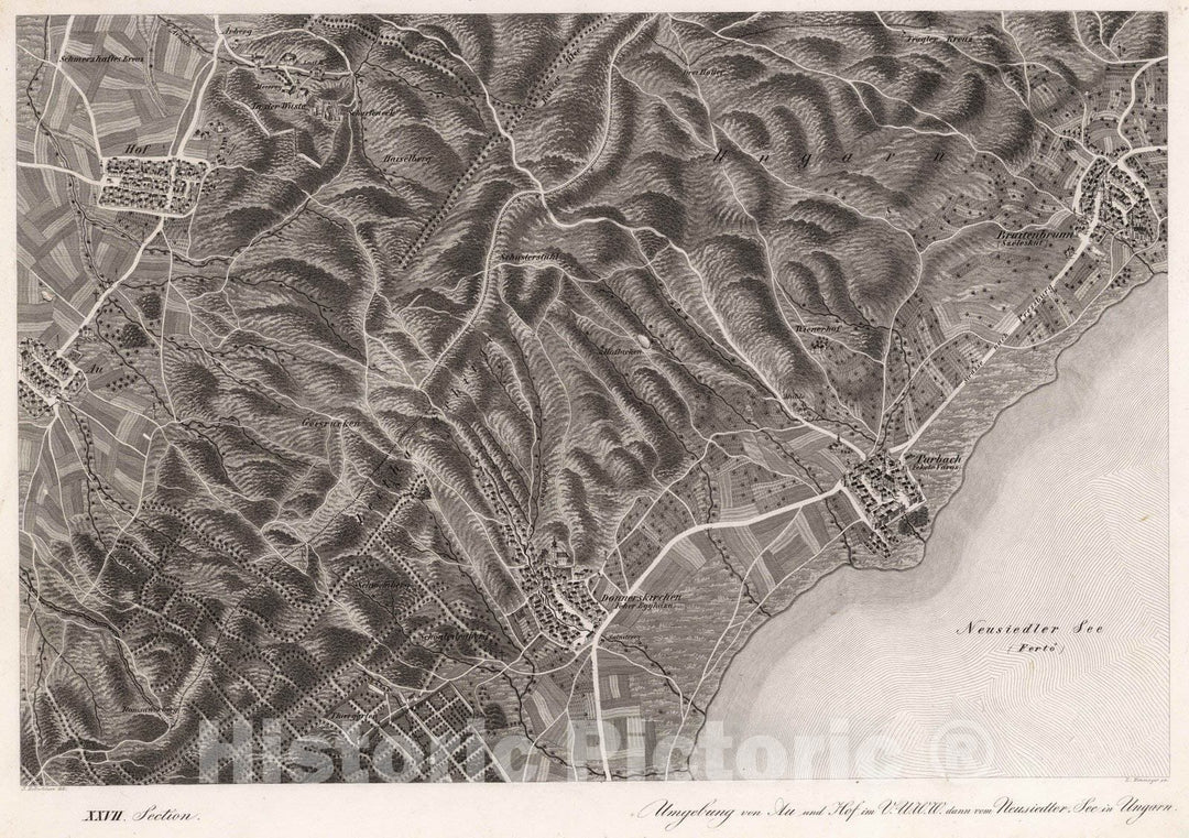Historic Map : Austria, 1837 XXVII Section. Umgebung von Au und Hof im V.U.W.W. dann vom Neusiedler See in Ungarn, J. Hollnsteiner del. L. Neumayer sc. , Vintage Wall Art