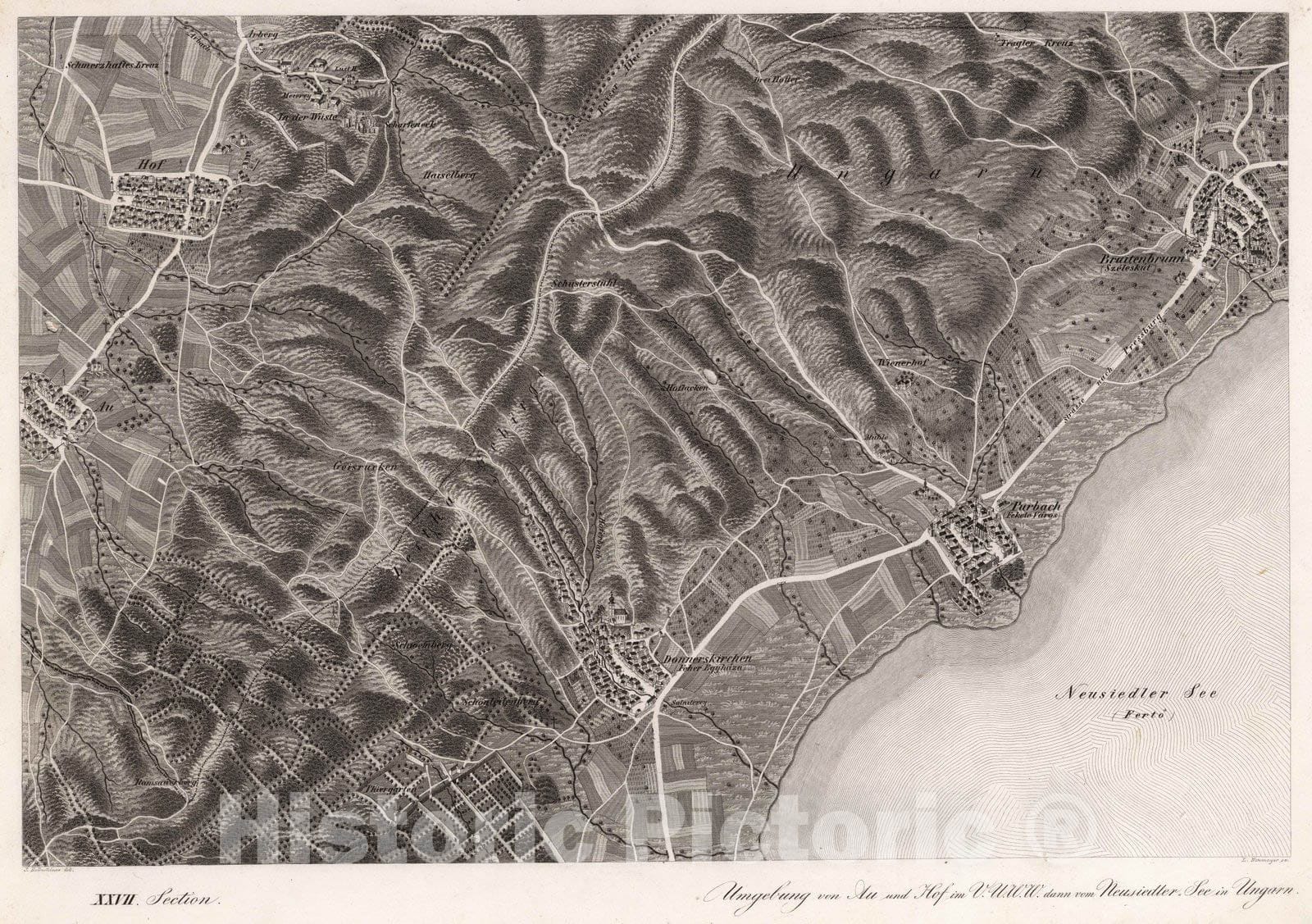 Historic Map : Austria, 1837 XXVII Section. Umgebung von Au und Hof im V.U.W.W. dann vom Neusiedler See in Ungarn, J. Hollnsteiner del. L. Neumayer sc. , Vintage Wall Art