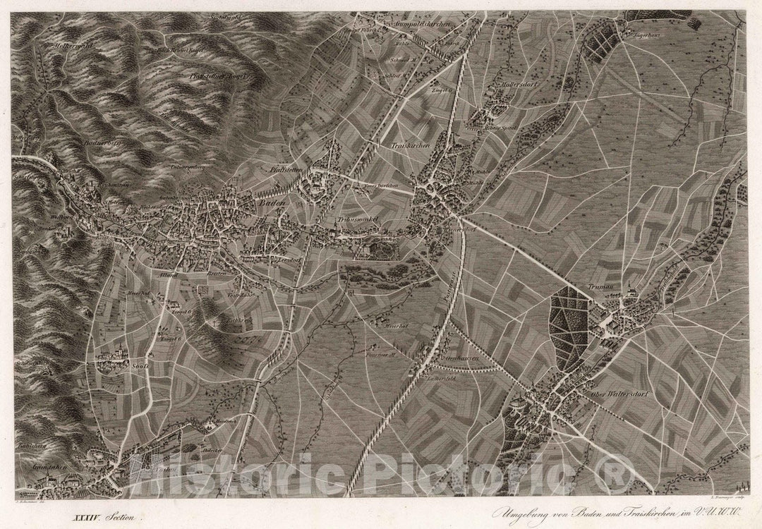 Historic Map : Austria, 1837 XXXIV Section. Umgebung von Baden und Traiskirchen im V.U.W.W. J. Hollnsteiner del. L. Neumayer sculp. , Vintage Wall Art
