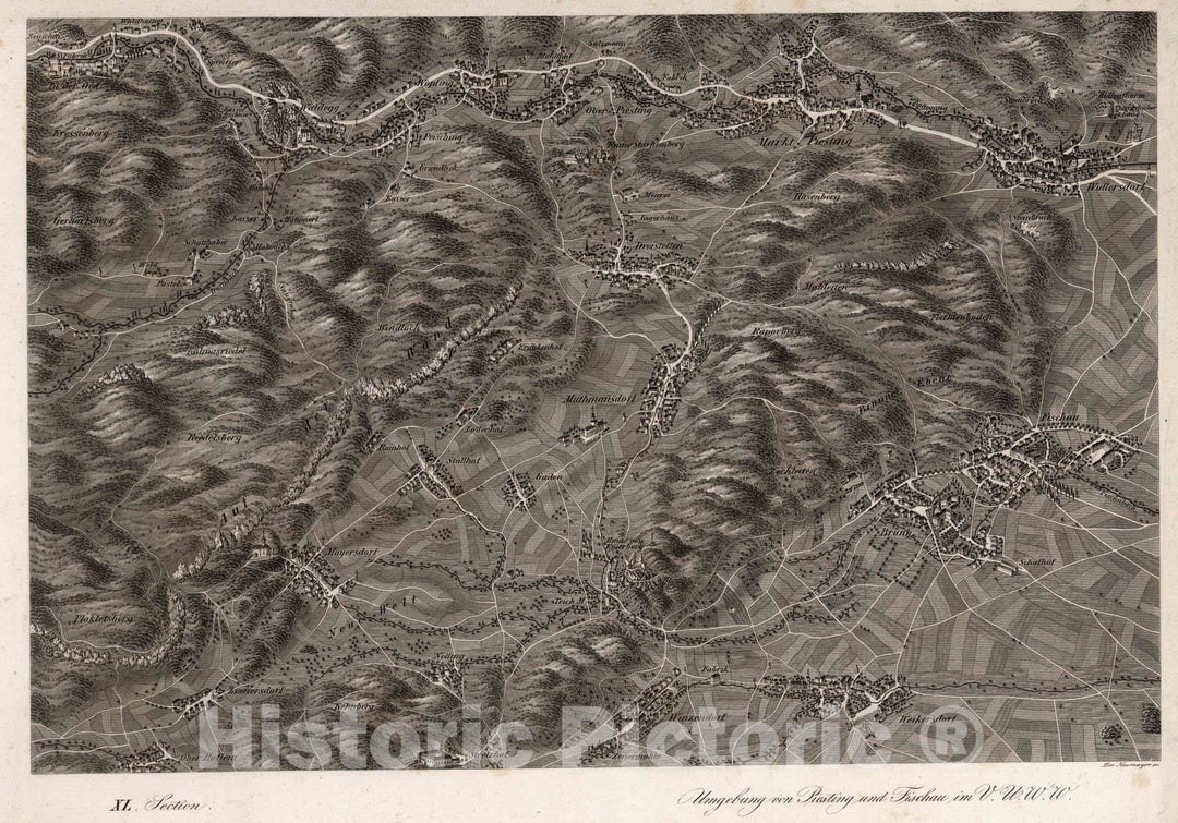 Historic Wall Map : Austria, 1837 XL Section. Umgebung von Piesting und Fischau im V.U.W.W. Lor. Neumayer sc. , Vintage Wall Art