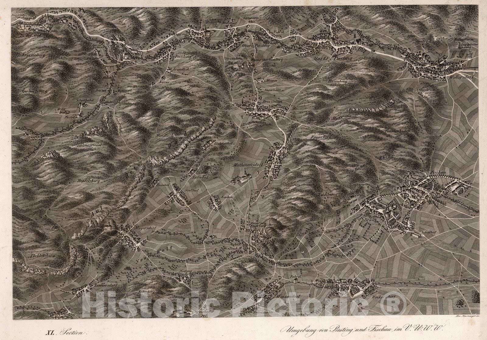 Historic Wall Map : Austria, 1837 XL Section. Umgebung von Piesting und Fischau im V.U.W.W. Lor. Neumayer sc. , Vintage Wall Art