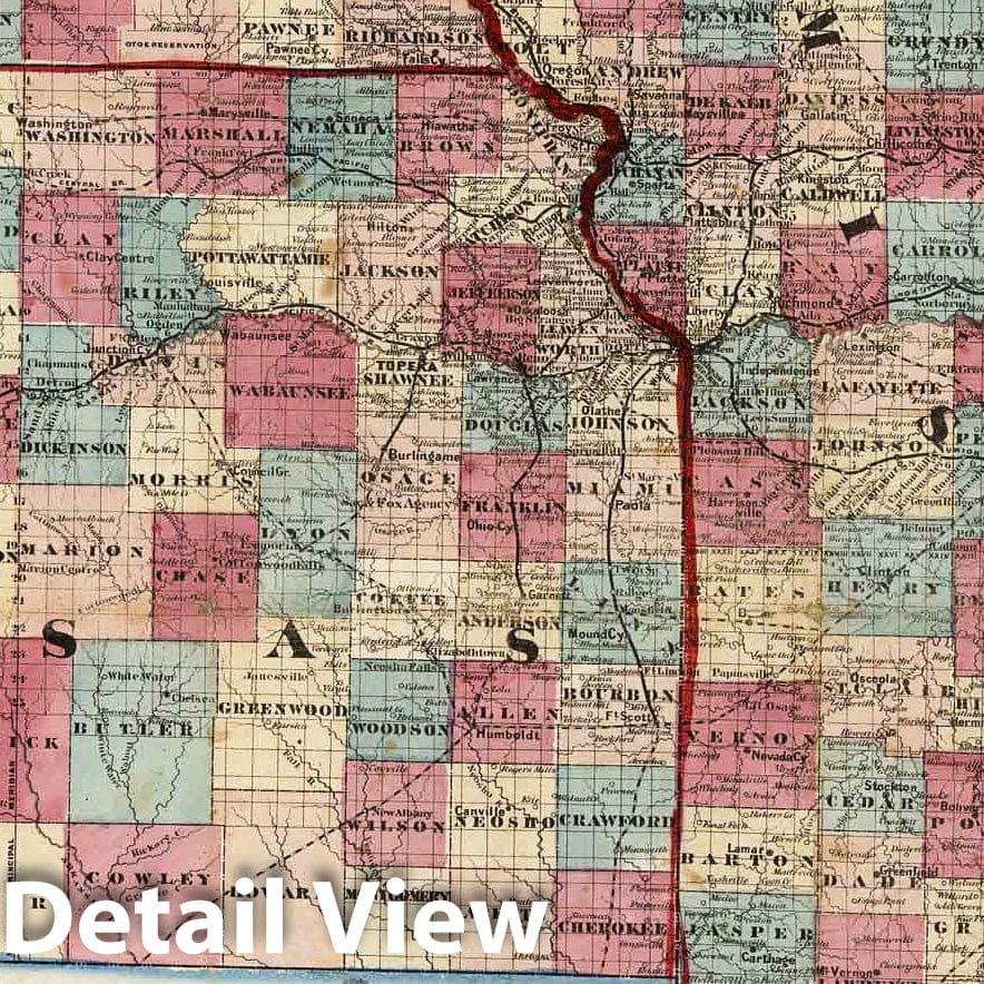 Historic Wall Map : 1869 New Rail Road & township map of Missouri and Kansas - Vintage Wall Art