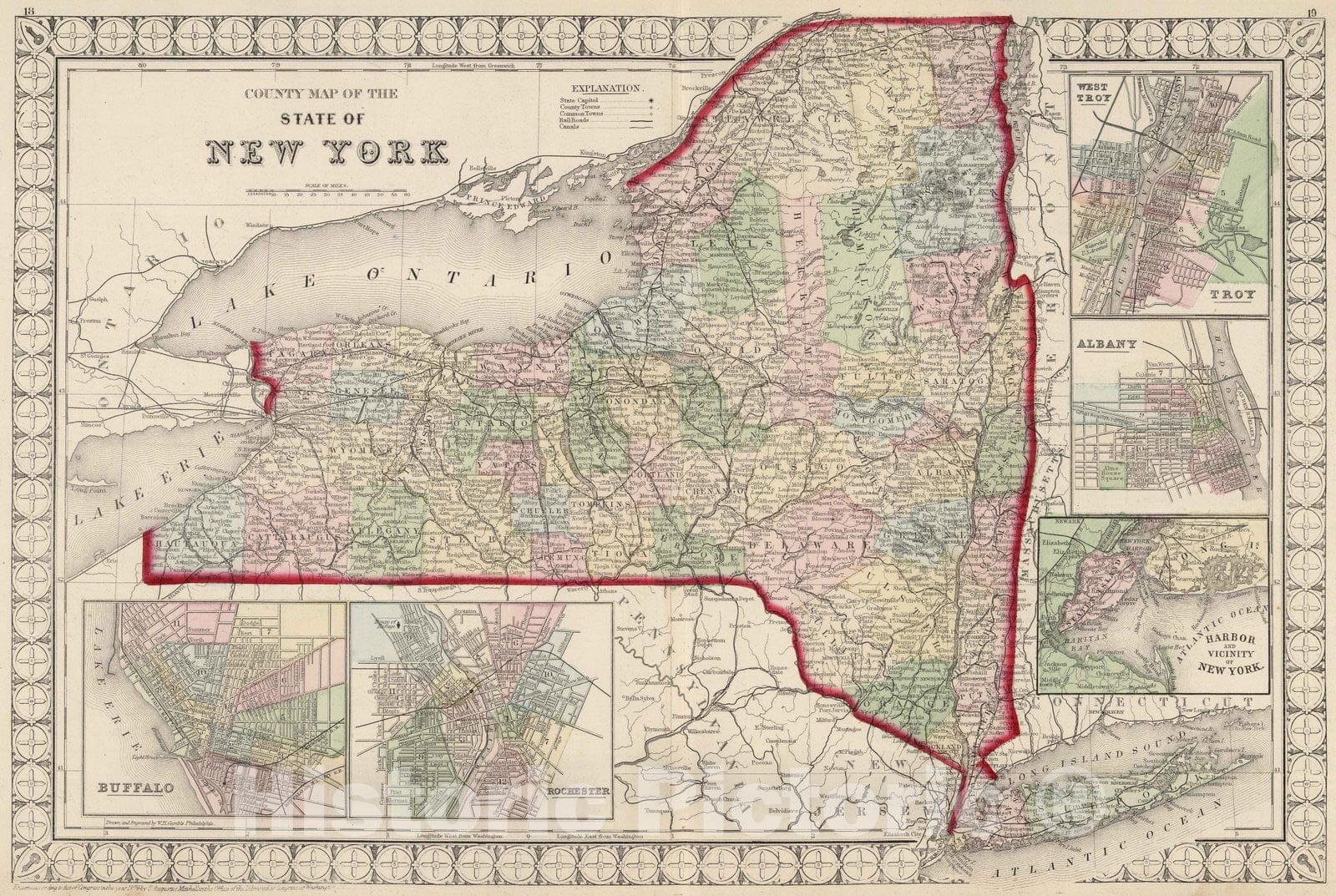 Historic Map : National Atlas - 1874 County Map of the State of New York. - Vintage Wall Art