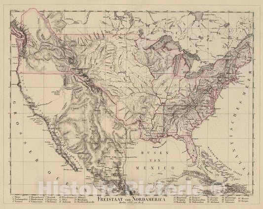 Historic Map : School Atlas - 1824 Freistaat von Nordamerica. Berlin 1924. von Rv.L. - Vintage Wall Art