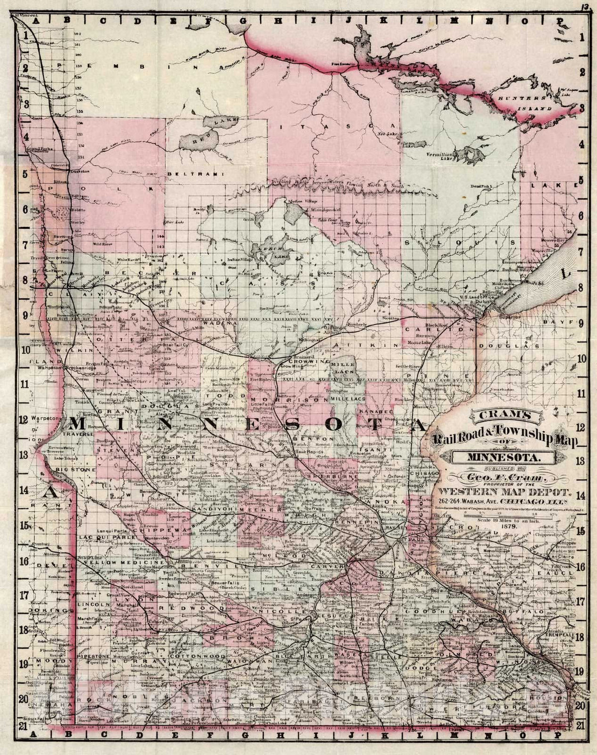 Historic Map : 1879 Map of Minnesota - Vintage Wall Art