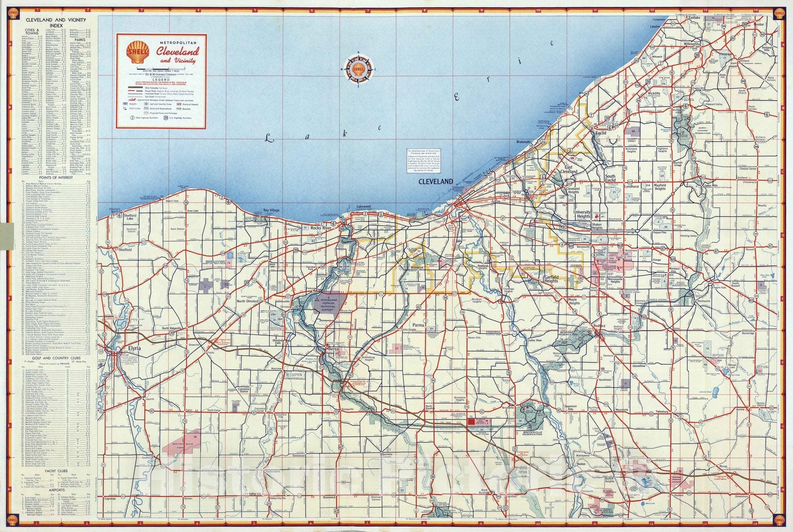 Historic Map : National Atlas - 1956 Shell Metropolitan Cleveland and Vicinity. - Vintage Wall Art