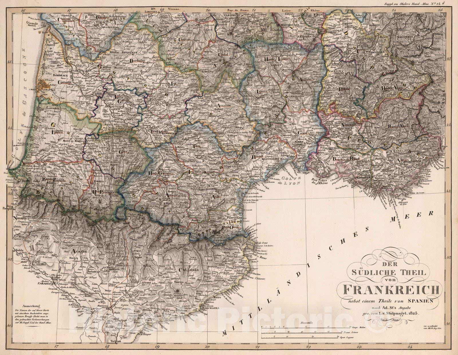Historic Map : France, 1825 Der sudliche Theil von Frankreich , Vintage Wall Art