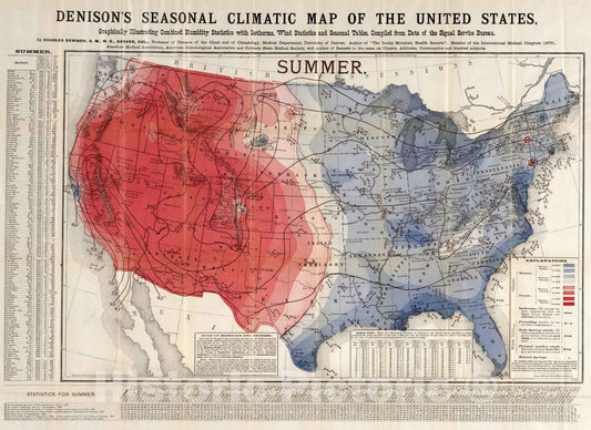 Historic Map : 1884 Summer. Denison's seasonal climatic map of the United States - Vintage Wall Art