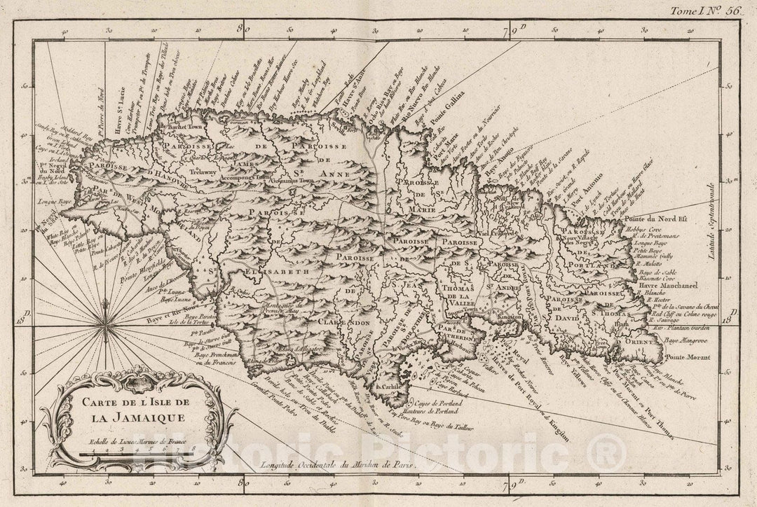 Historic Map : Jamaica, 1764 Carte de I'isle la Jamaique. , Vintage Wall Art