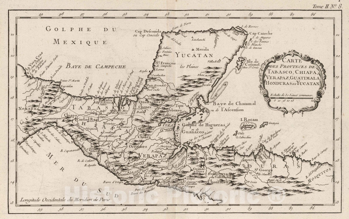 Historic Map : Mexico, 1764 Carte des provinces de Tabasco, Chiapa, Verapaz, Guatimala , Vintage Wall Art