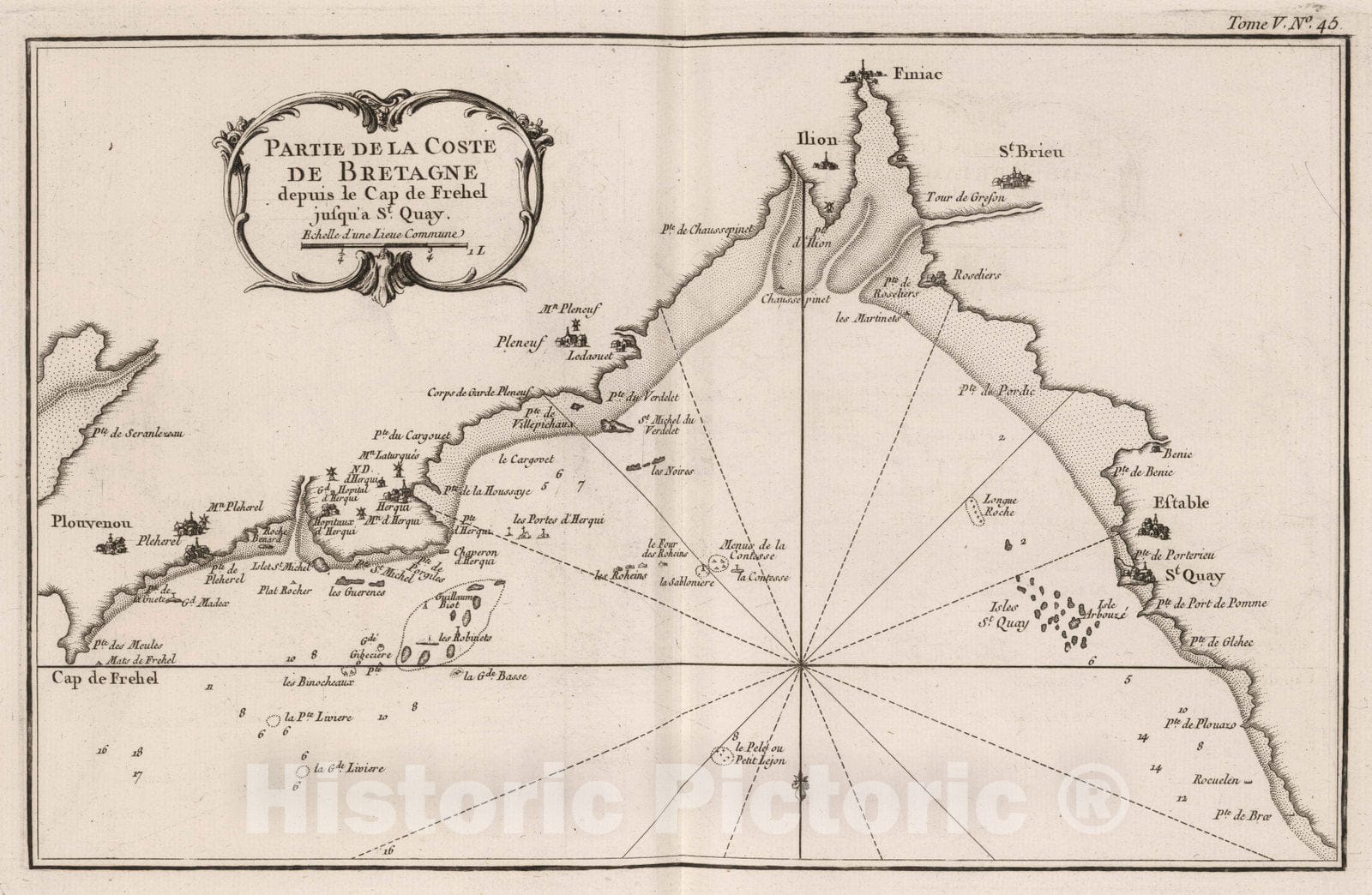 Historic Map : France, Bretagne , France 1764 Partie de la coste de Bretagne depuis le cap de Frehel jusqu'a St Quay. , Vintage Wall Art