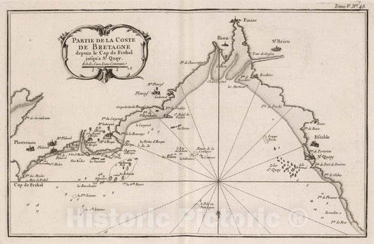 Historic Map : France, Bretagne , France 1764 Partie de la coste de Bretagne depuis le cap de Frehel jusqu'a St Quay. , Vintage Wall Art