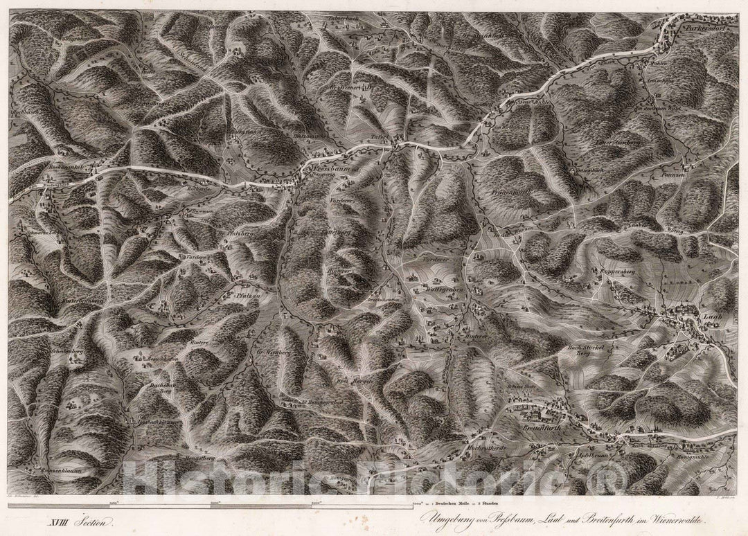 Historic Map : Austria, 1837 XVIII Section. Umgebung von Pressbaum, Laab und Breitenfurth im Wienerwalde. Joh. Hollnsteiner del. F. Mehl sc. , Vintage Wall Art