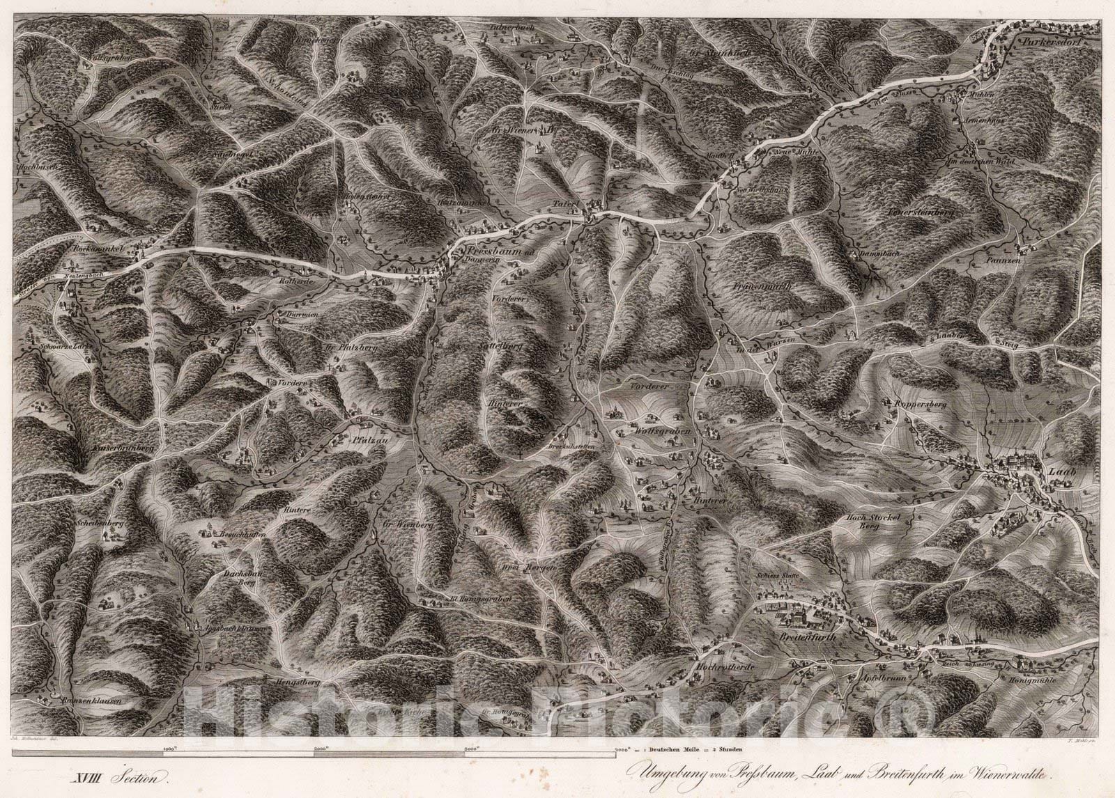 Historic Map : Austria, 1837 XVIII Section. Umgebung von Pressbaum, Laab und Breitenfurth im Wienerwalde. Joh. Hollnsteiner del. F. Mehl sc. , Vintage Wall Art