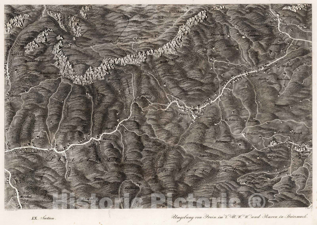 Historic Map : Austria, 1837 LX Section. Umgebung von Prein im V.U.W.W. und Raxen in Steiermark. J. Hollnsteiner del. F. Mehl sculp. , Vintage Wall Art