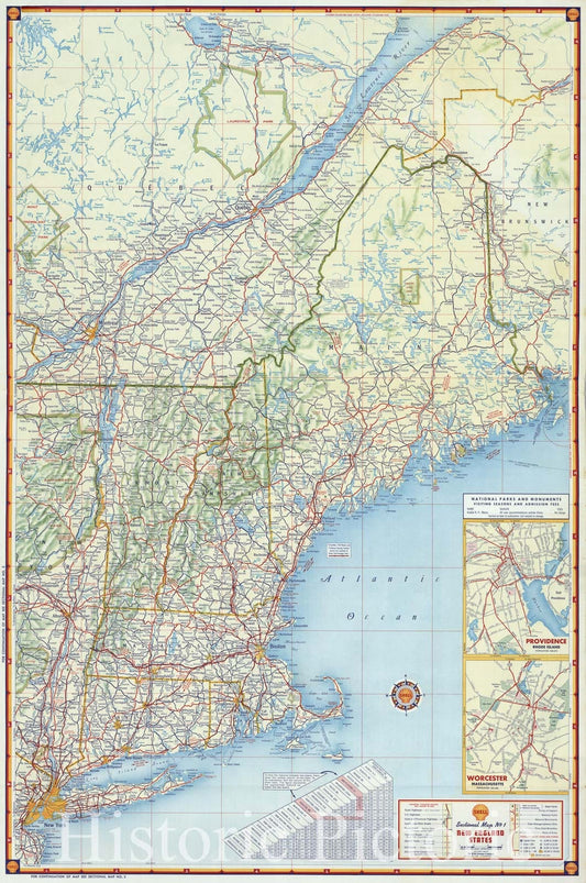 Historic Map : National Atlas - 1956 Shell Sectional Map No. 1 - New England States. - Vintage Wall Art